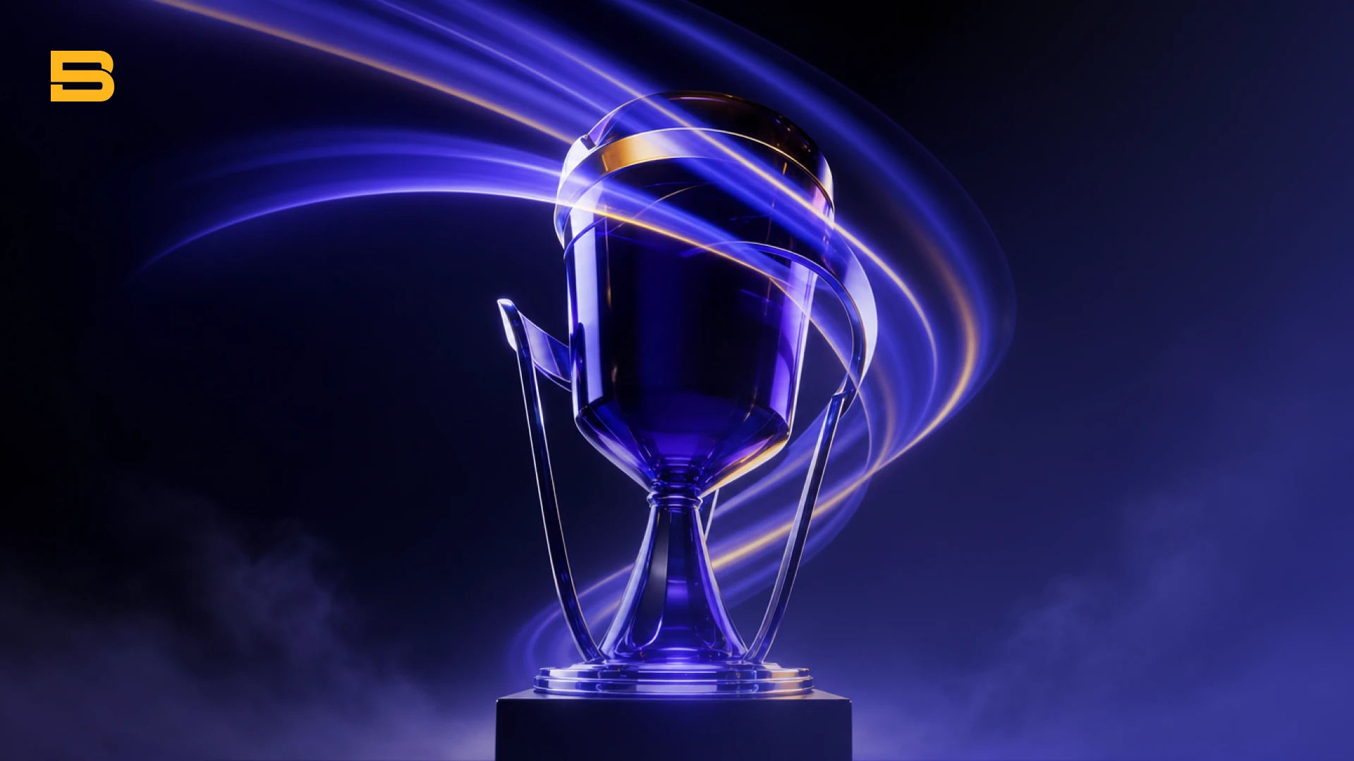Modern trophy made of translucent, deep purple glass or crystal. Blue and gold light wrap around the trophy