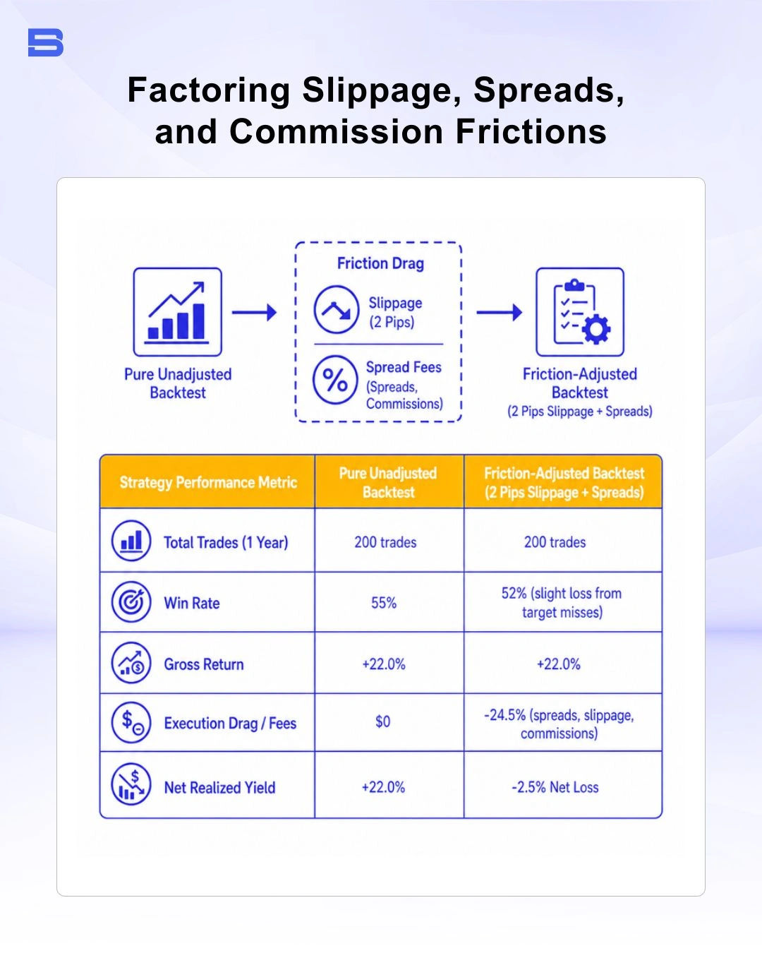 backtesting-slippage-spread-friction-drag.webp Diagram detailing backtest friction drag including slippage and spread fees