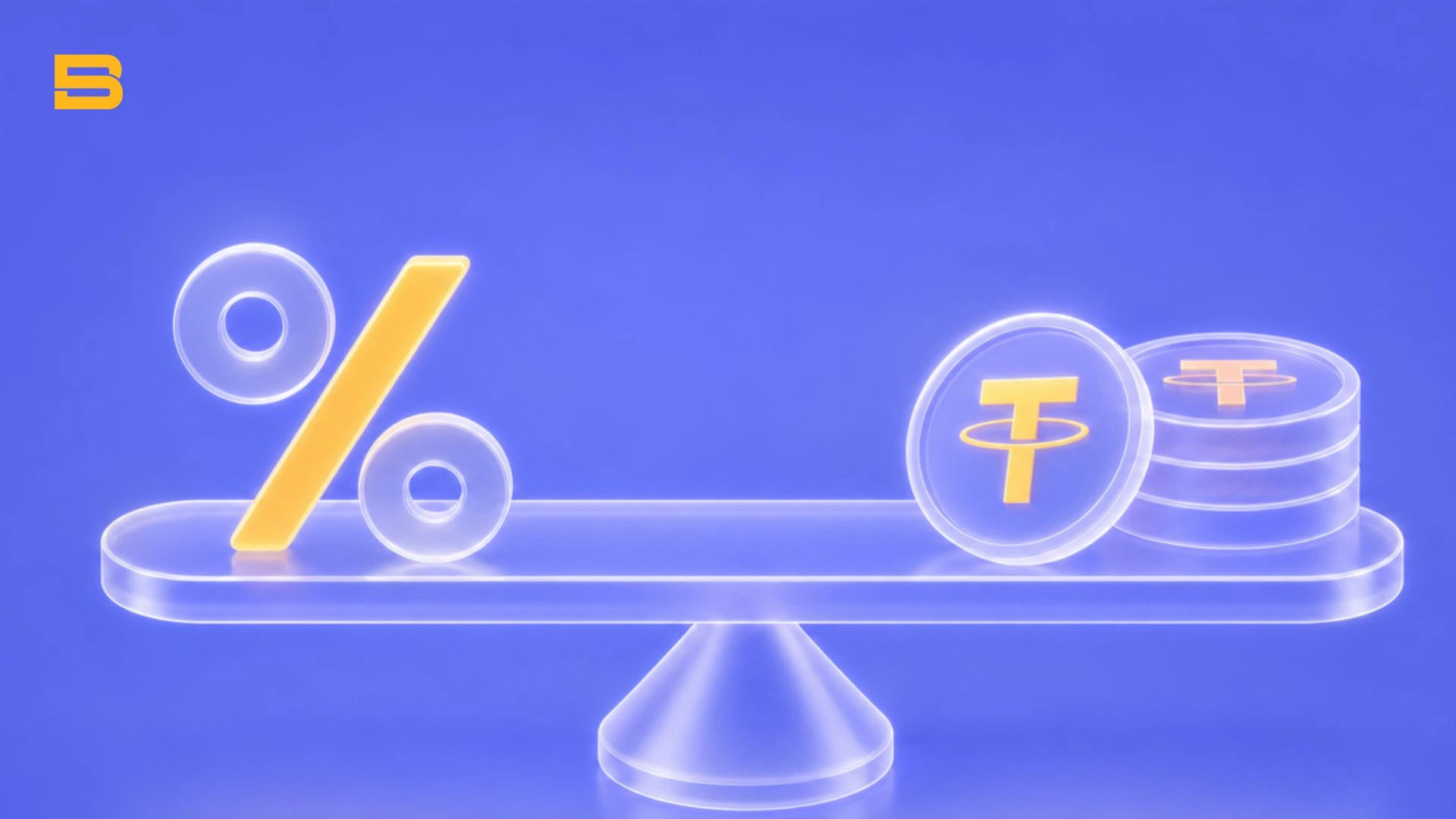 A balance scale comparing an interest rate symbol (%) with stacks of coins on the other