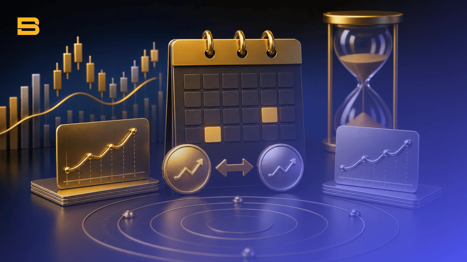 Conceptual cover illustration of a calendar spread strategy showing expiration time decay and differential option pricing.