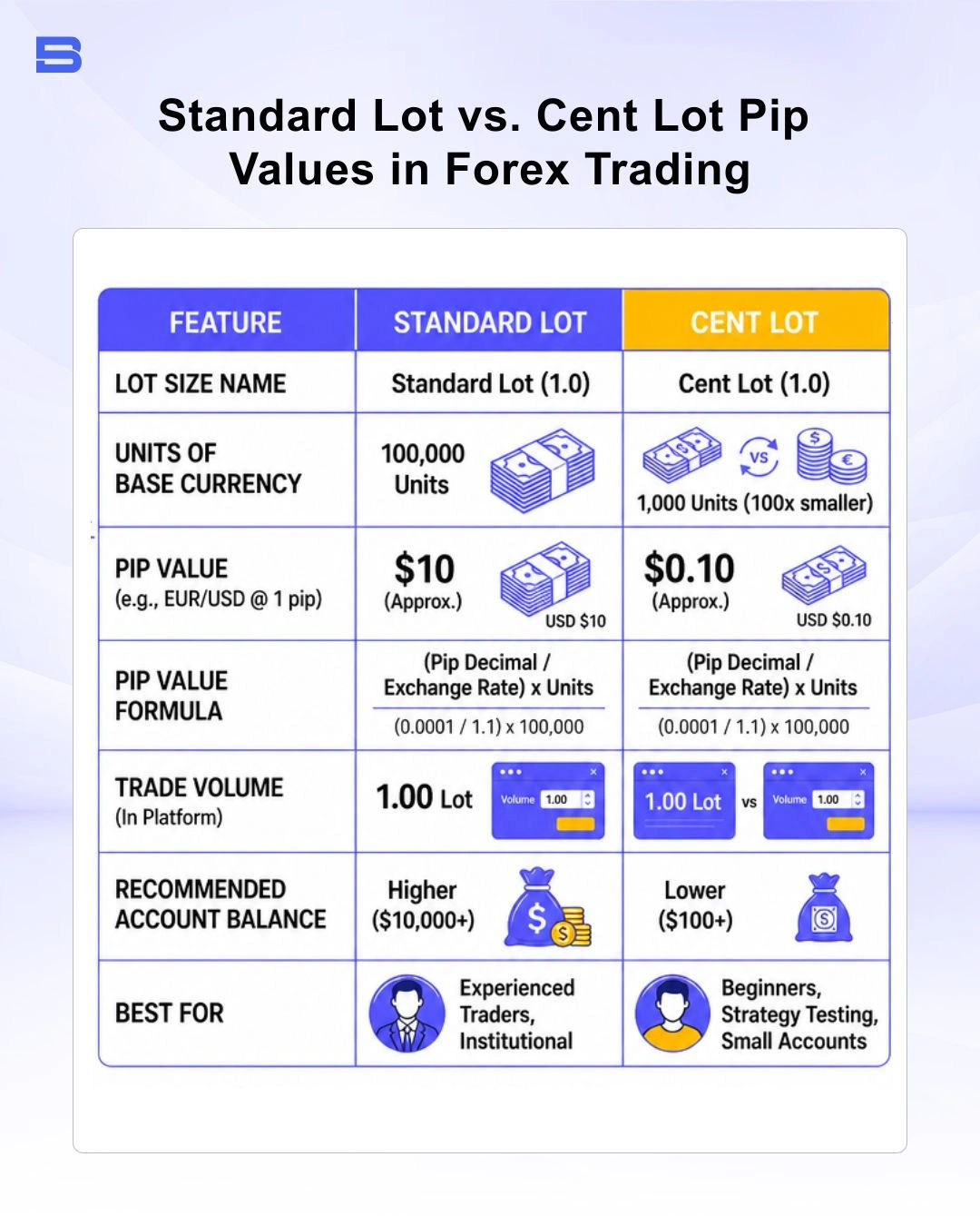 cent-account-forex-lot-size-comparison.webp Comparison table of standard lot versus cent lot pip values in forex trading
