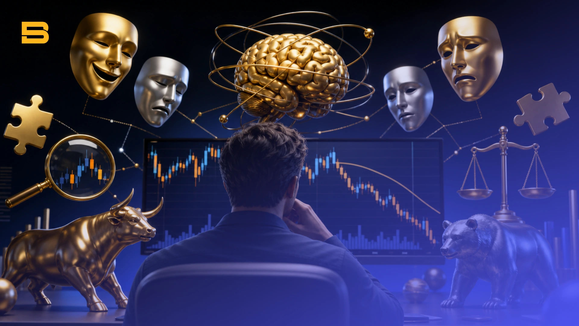 Conceptual cover illustration of cognitive bias, psychological distortion, and emotional decision-making in trading.