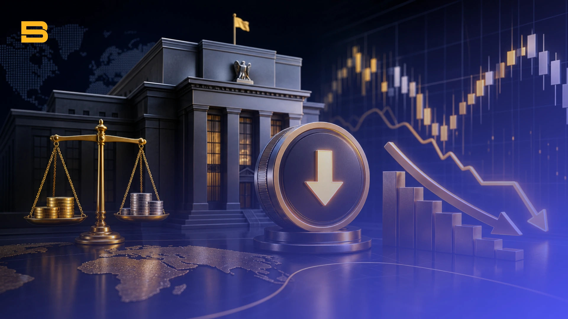 Conceptual cover illustration of Federal Reserve interest rate cuts, monetary policy easing, and market yield shifts.
