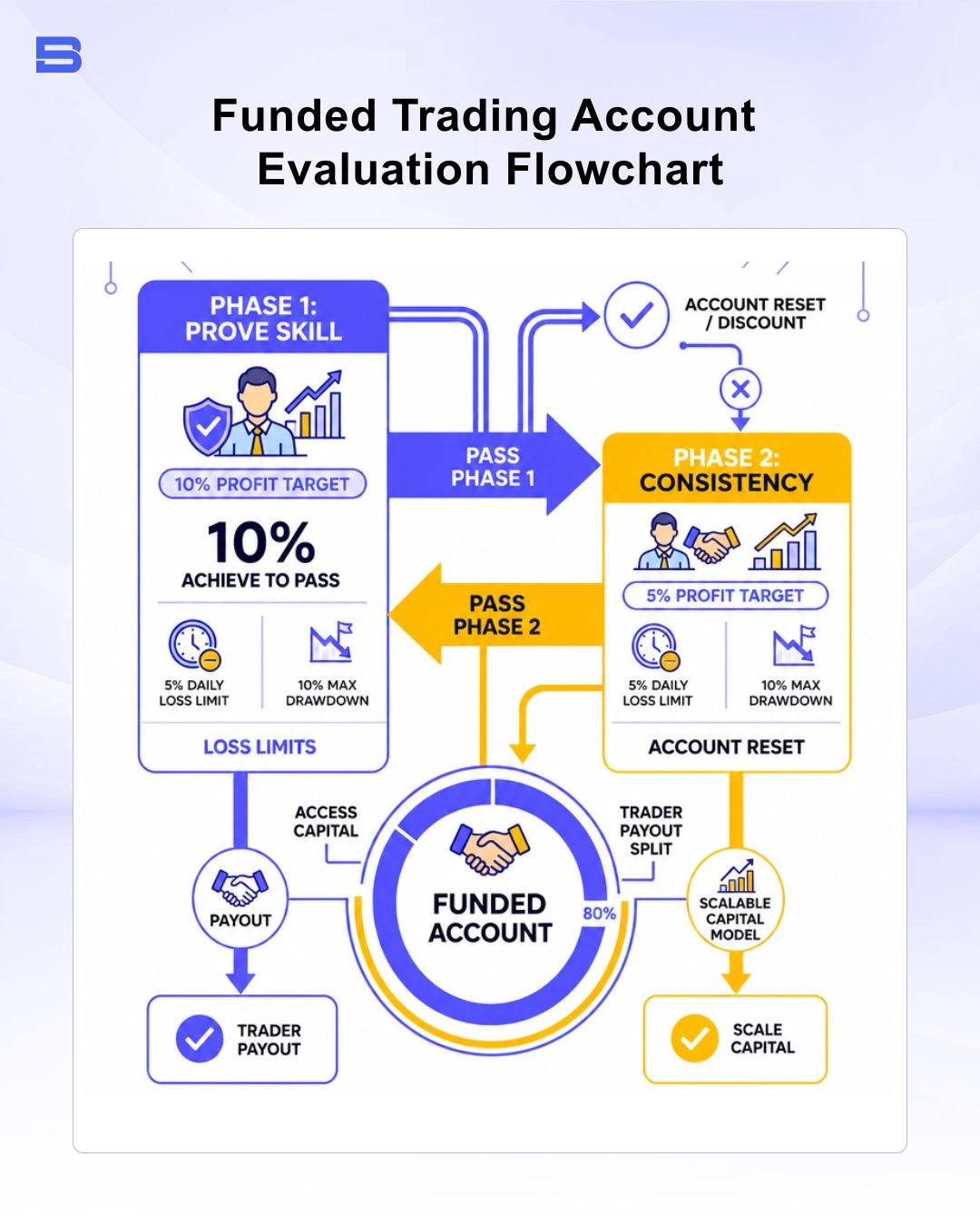 Two step funded account evaluation process flowchart with profit targets and loss limits