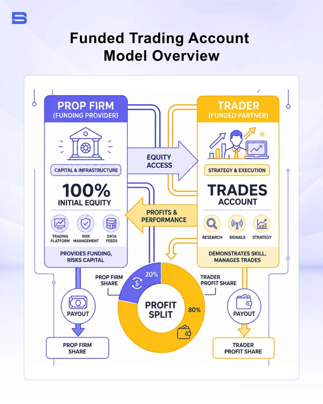 Funded trading account model showing prop firm equity allocation and trader profit split