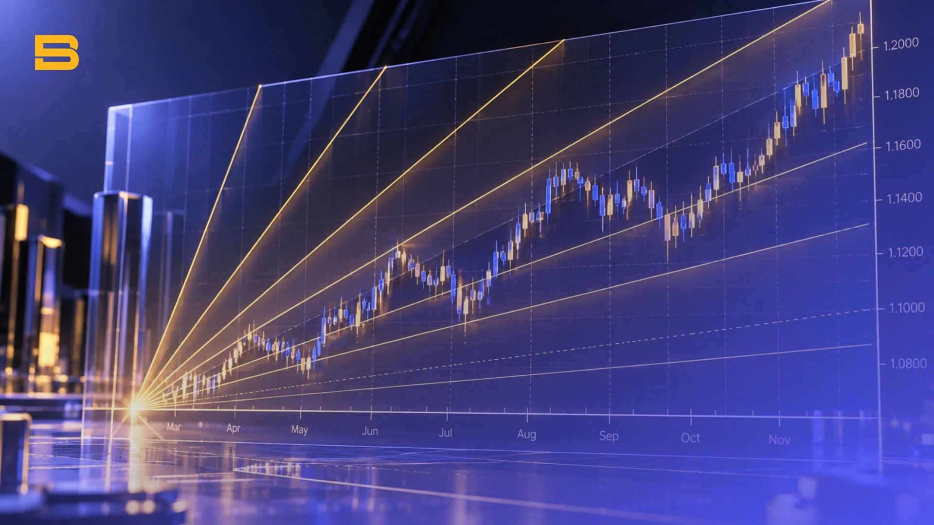 Gann theory fan angles plotted on a financial price chart showing support and resistance