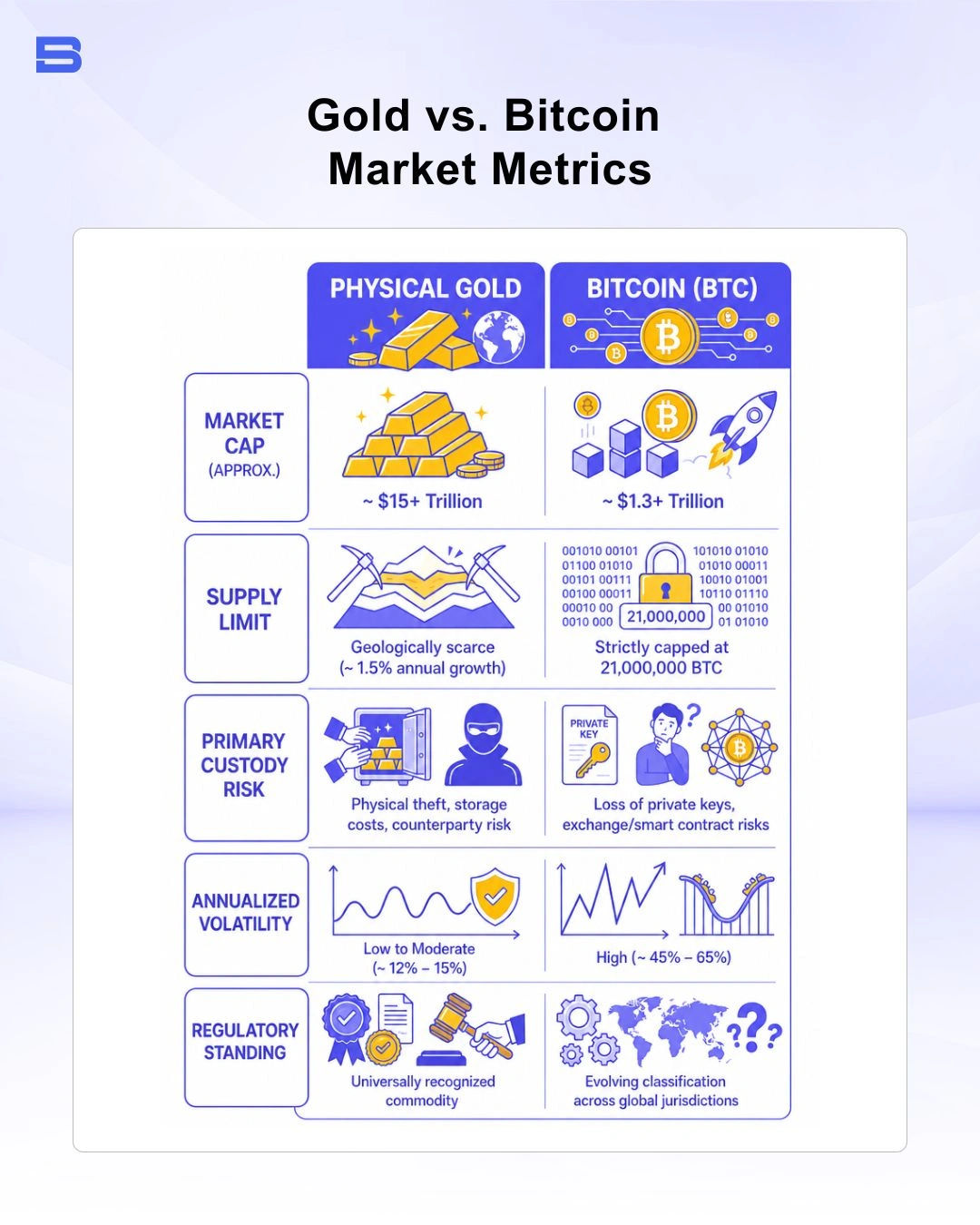 Comparison table of gold vs bitcoin metrics including volatility and market cap