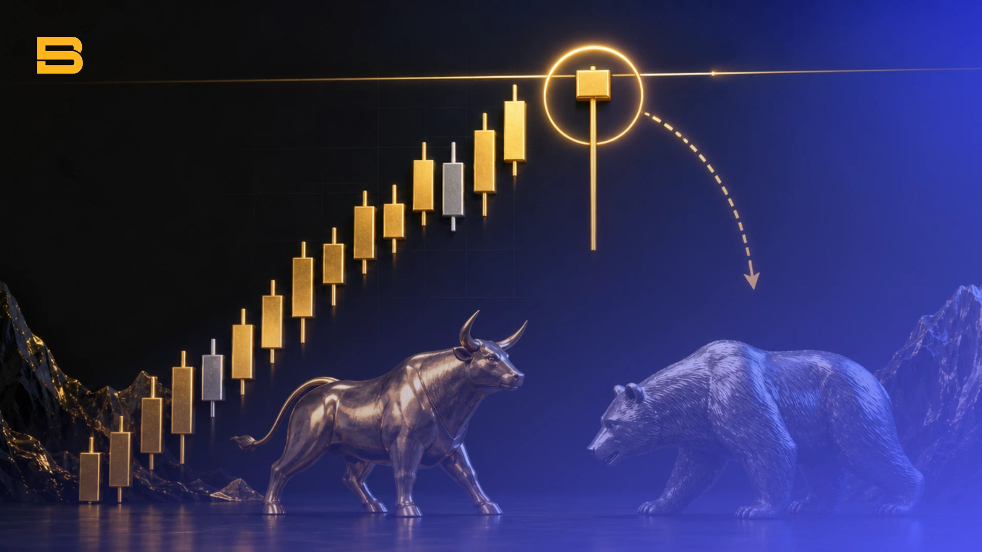 Conceptual cover illustration of a hanging man candlestick pattern signaling a potential bearish reversal at market highs.