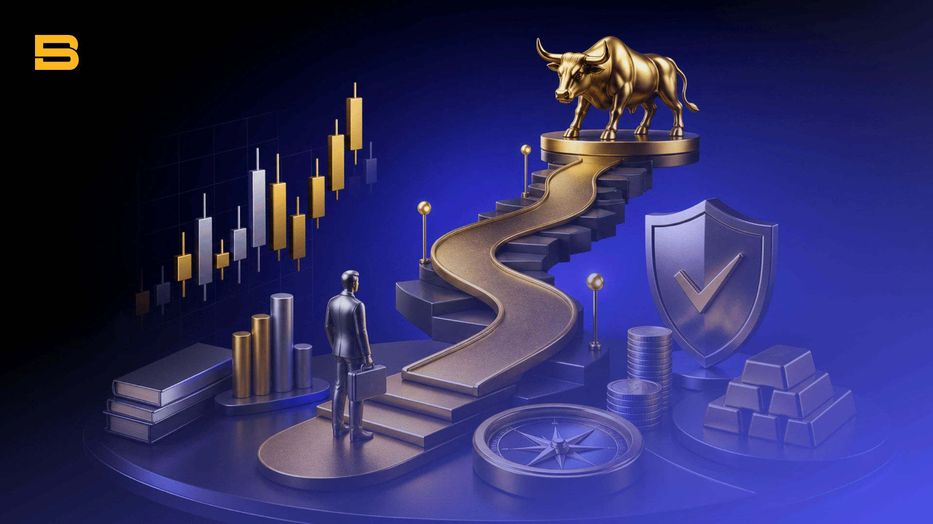 Conceptual financial illustration showing a trader beginning a path up winding stairs toward a golden market bull.