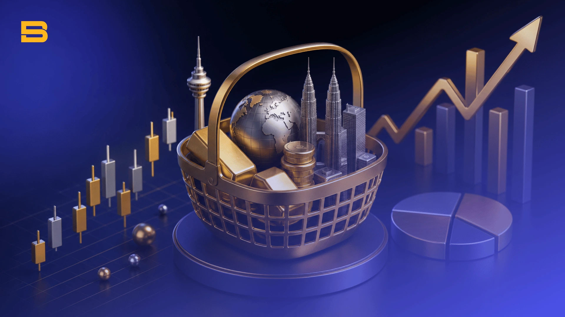 3D graphic of a shopping basket holding the Petronas Towers, gold bars, and a globe, depicting how to buy ETFs in Malaysia.