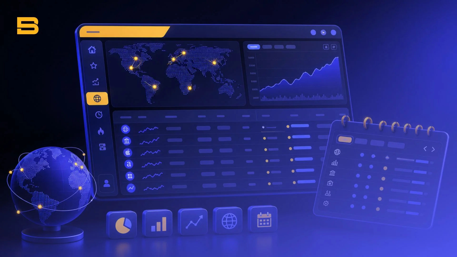 Investing.com platform interface showing global stock quotes and economic calendar tools