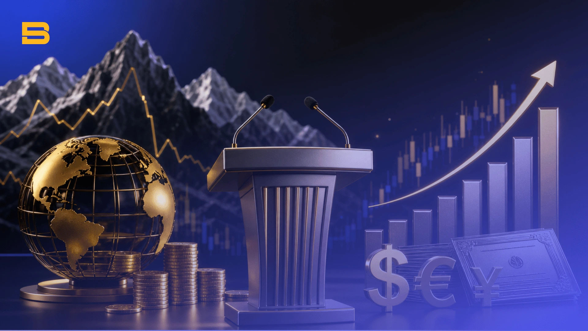 Conceptual cover illustration of the Jackson Hole Economic Symposium featuring a central podium and global currencies.