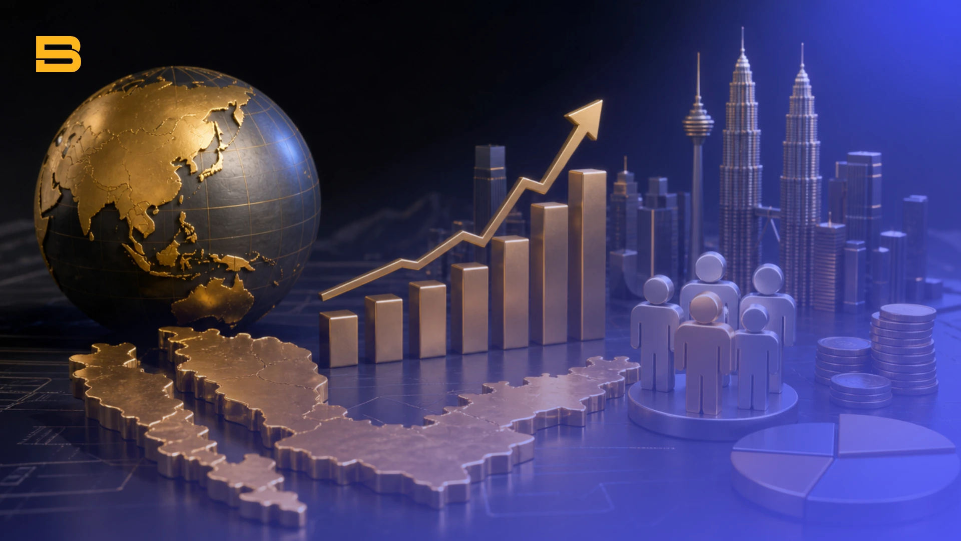 Conceptual cover illustration of Malaysia's GDP per capita, population metrics, and living standard measurements.