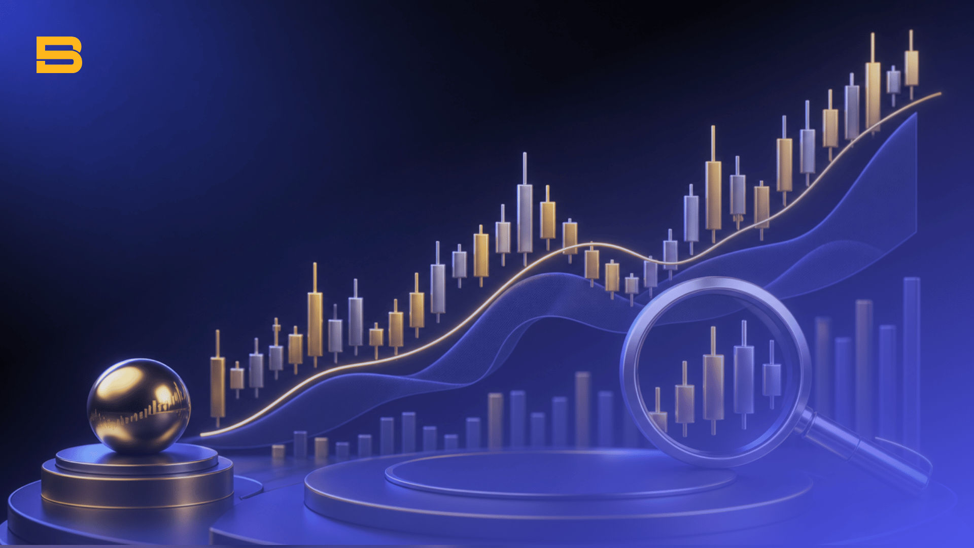 Conceptual cover illustration of moving average indicators showing price trends, volume bars, and detailed chart analysis.