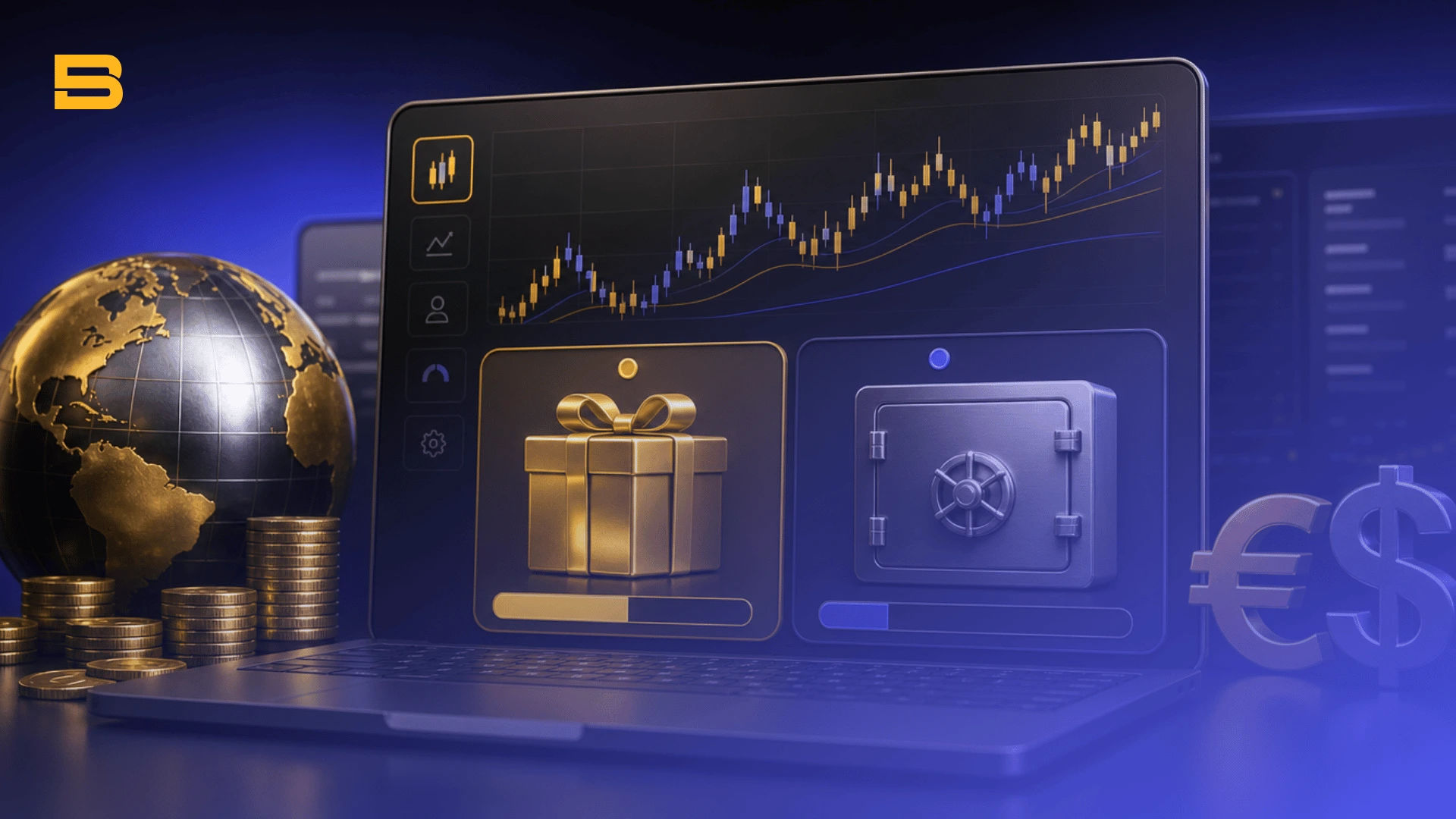 Illustration of a trading platform interface displaying a promotional bonus balance vs withdrawable balance
