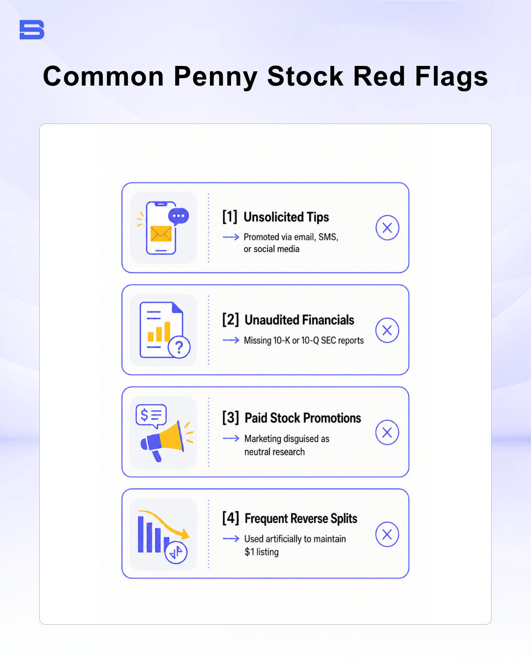 Infographic detailing common penny stock red flags including unsolicited tips and missing SEC filings.