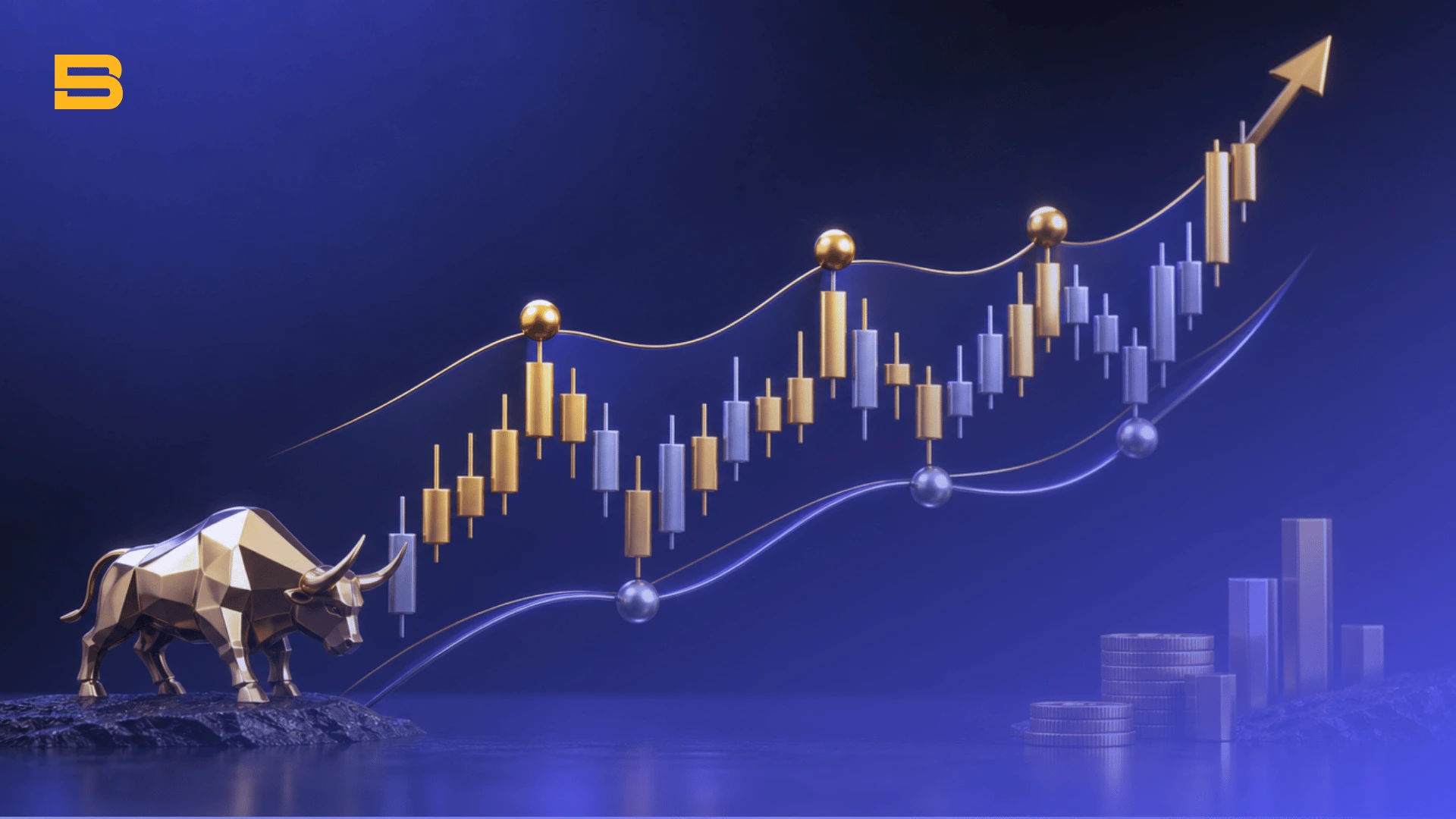 Conceptual cover illustration of swing trading displaying market wave cycles, swing highs, swing lows, and a golden bull.