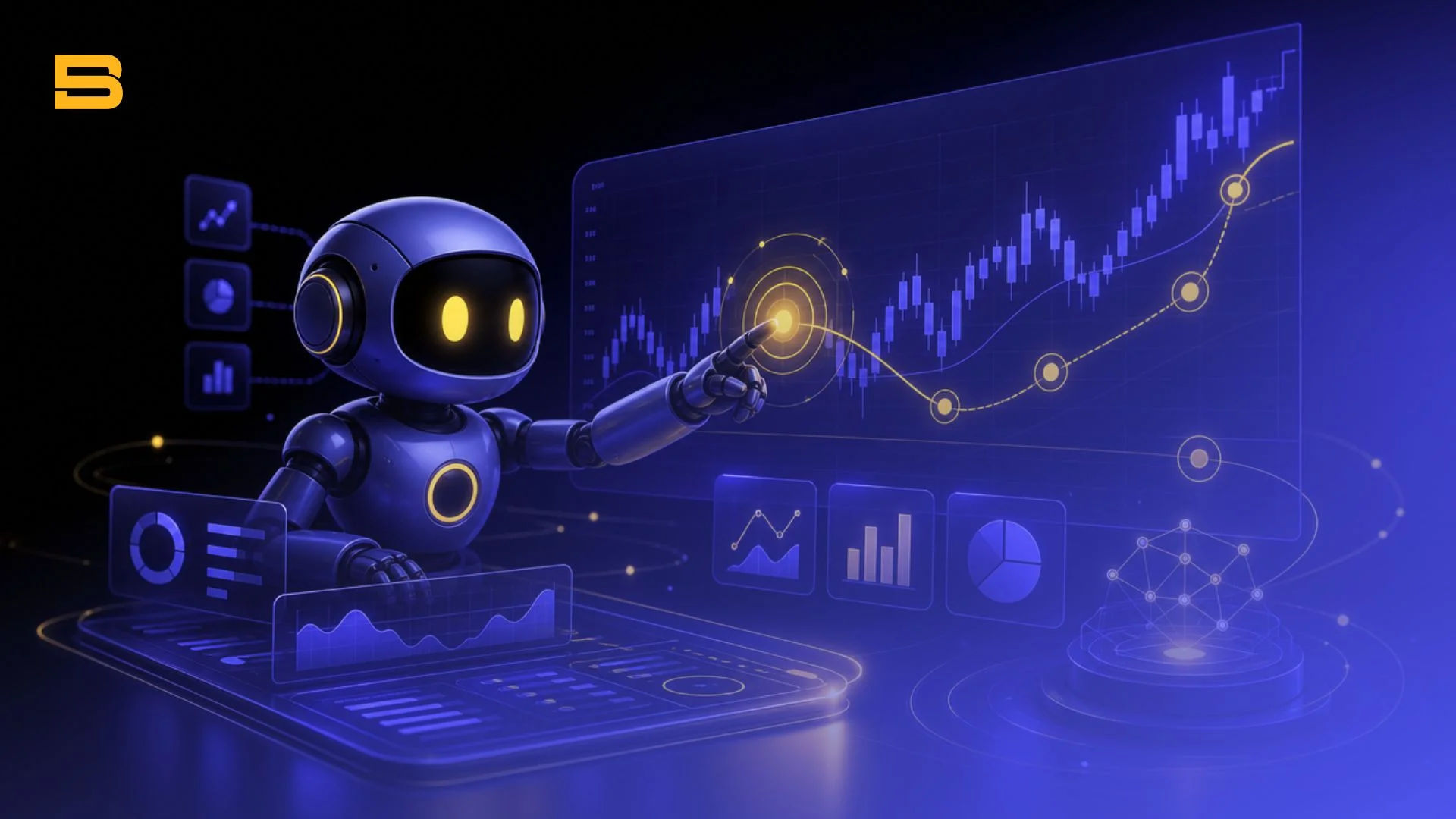 Conceptual visual representing a trading bot executing orders on financial charts