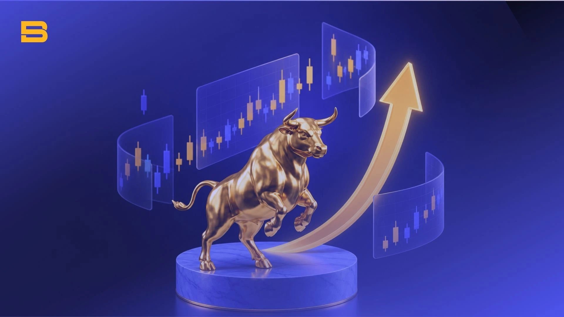 Illustration of a bull market symbol with stock charts trending upward