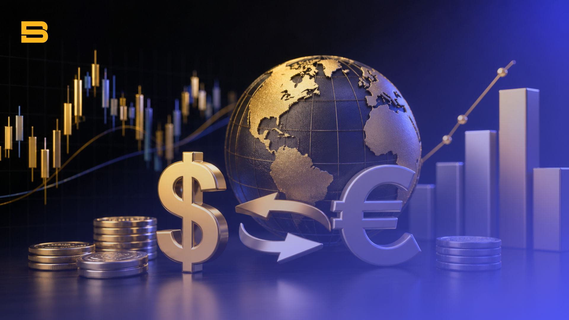 Conceptual cover illustration of forex currency pairs, exchange rate mechanics, and global market liquidity.