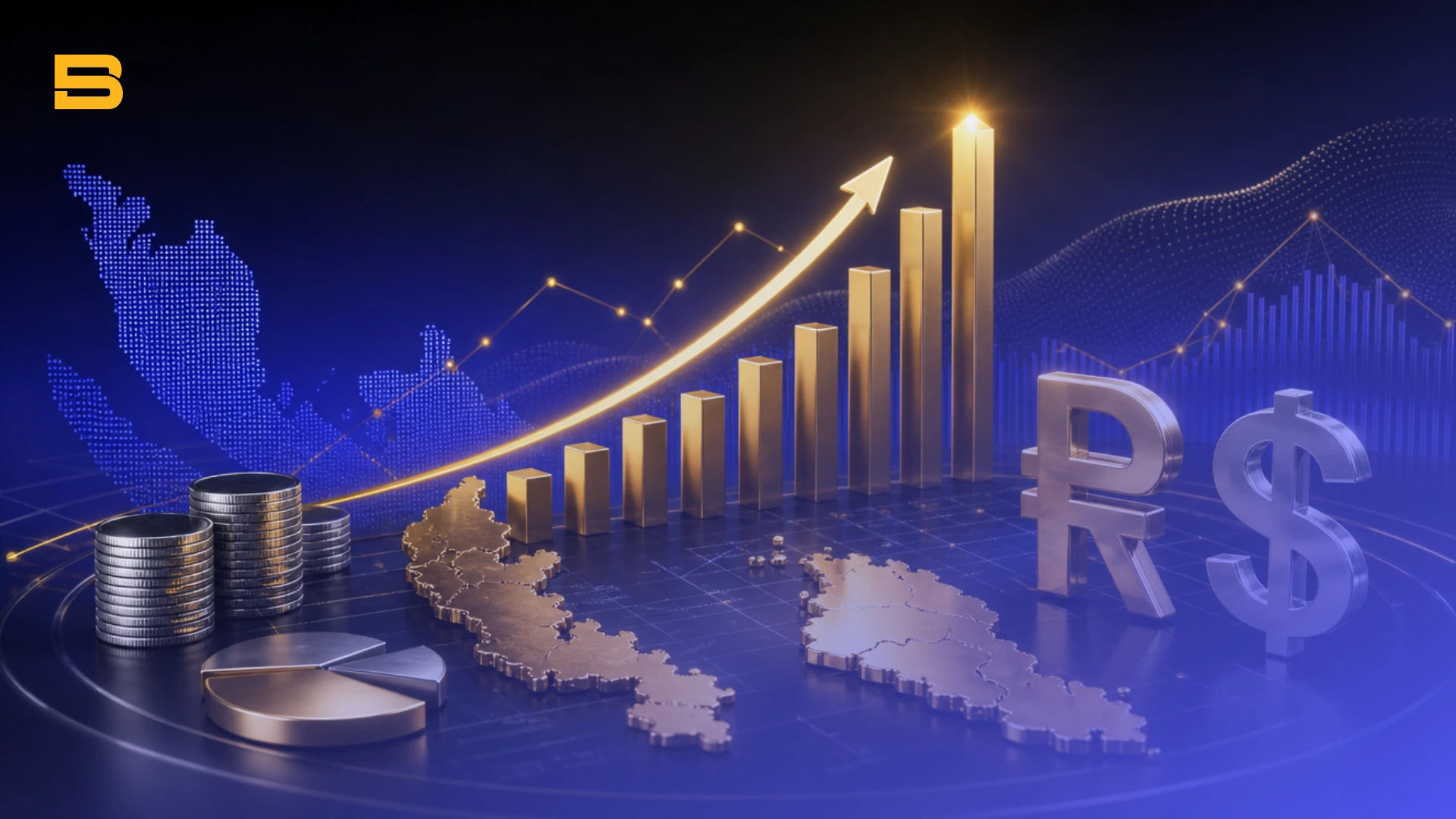Conceptual cover illustration of Malaysia's Gross Domestic Product (GDP), national economic growth, and currency strength.