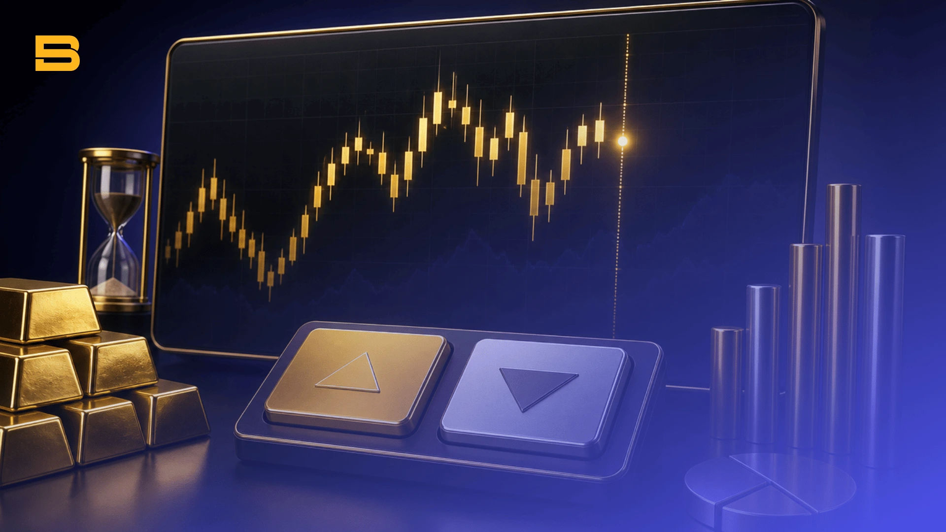 Conceptual illustration of binary options trading featuring Call/Put execution buttons, an hourglass, and market charts.