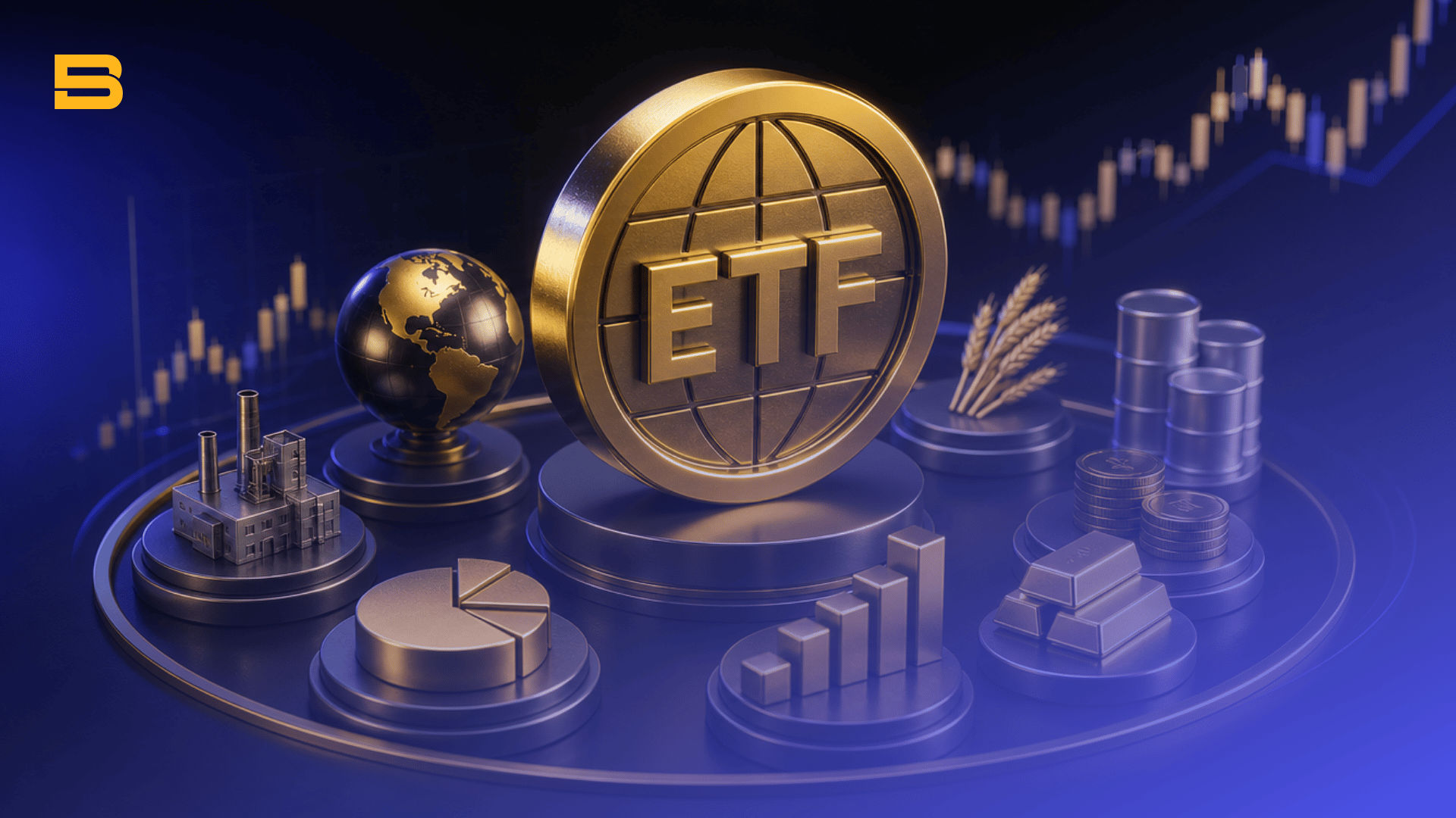 Conceptual illustration of an ETF basket showing diversified assets including commodities, real estate, gold, and equities.