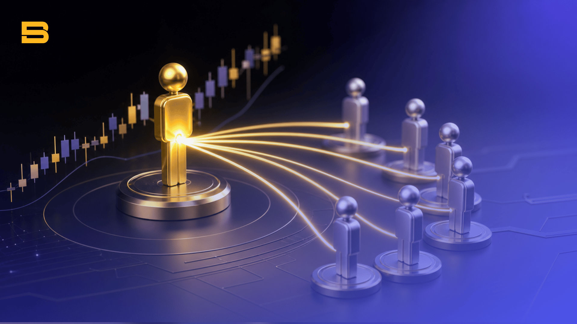 Conceptual cover illustration of copy trading connecting a lead signal provider to multiple copiers via a digital network.