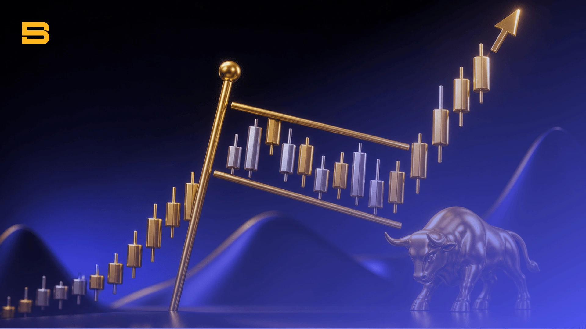 Conceptual cover illustration of a bullish flag continuation pattern showing price consolidation and trend breakout.