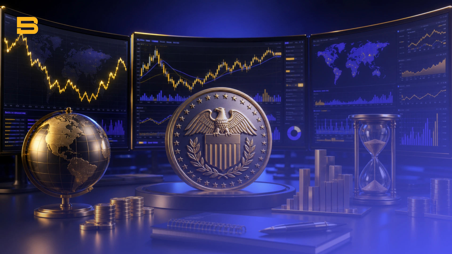 Conceptual cover illustration of an FOMC meeting, central bank interest rate decisions, and global market volatility.