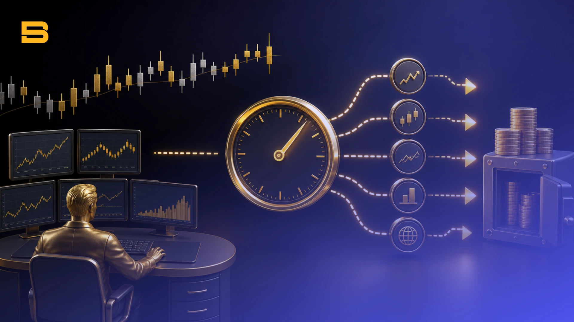 Conceptual cover illustration of intraday trading mechanics, active chart monitoring, time discipline, and risk management.