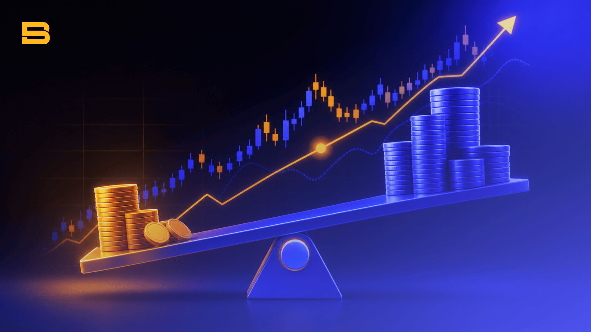 3D graphic representing leverage and margin trading, featuring a seesaw with stacks of gold and blue coins