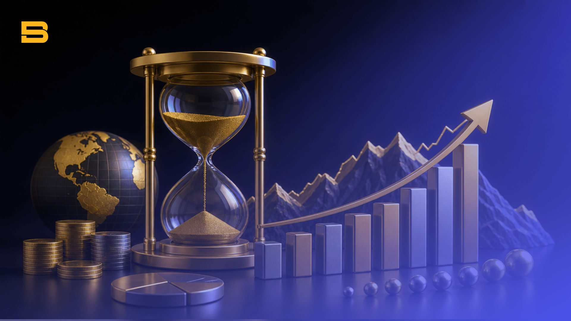 Conceptual cover illustration of position trading featuring an hourglass symbolizing long-term hold horizons.
