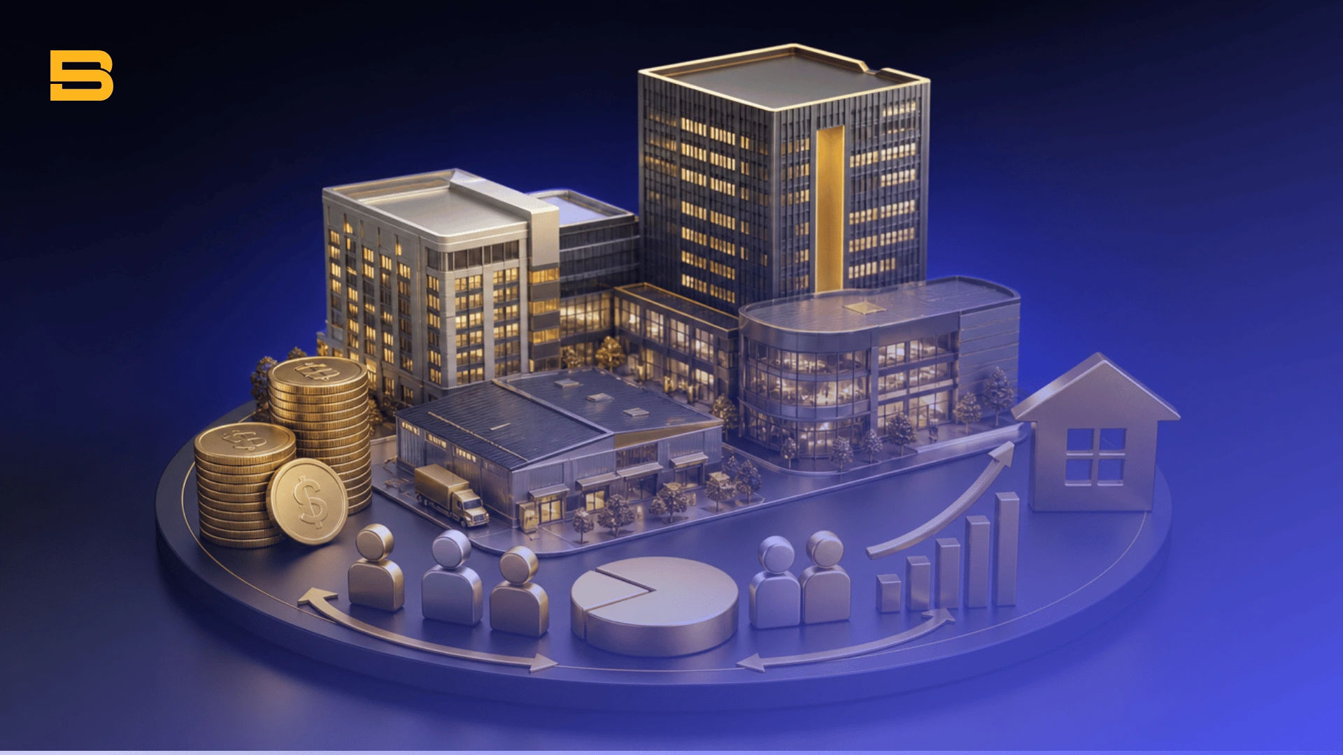 3D graphic of commercial real estate models, coins, and a pie chart, illustrating what a Real Estate Investment Trust is.