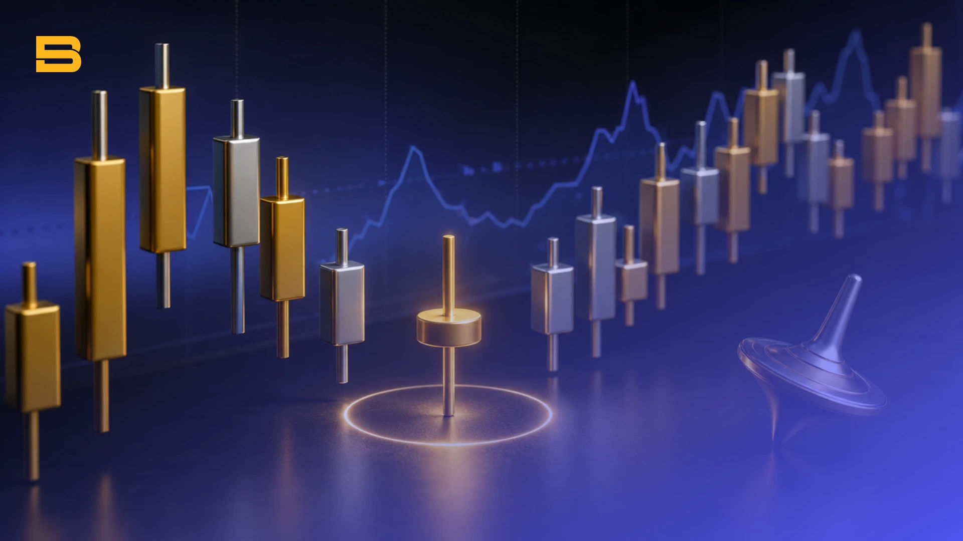 Conceptual cover illustration of a Spinning Top candlestick pattern, highlighting market indecision and potential trend rever