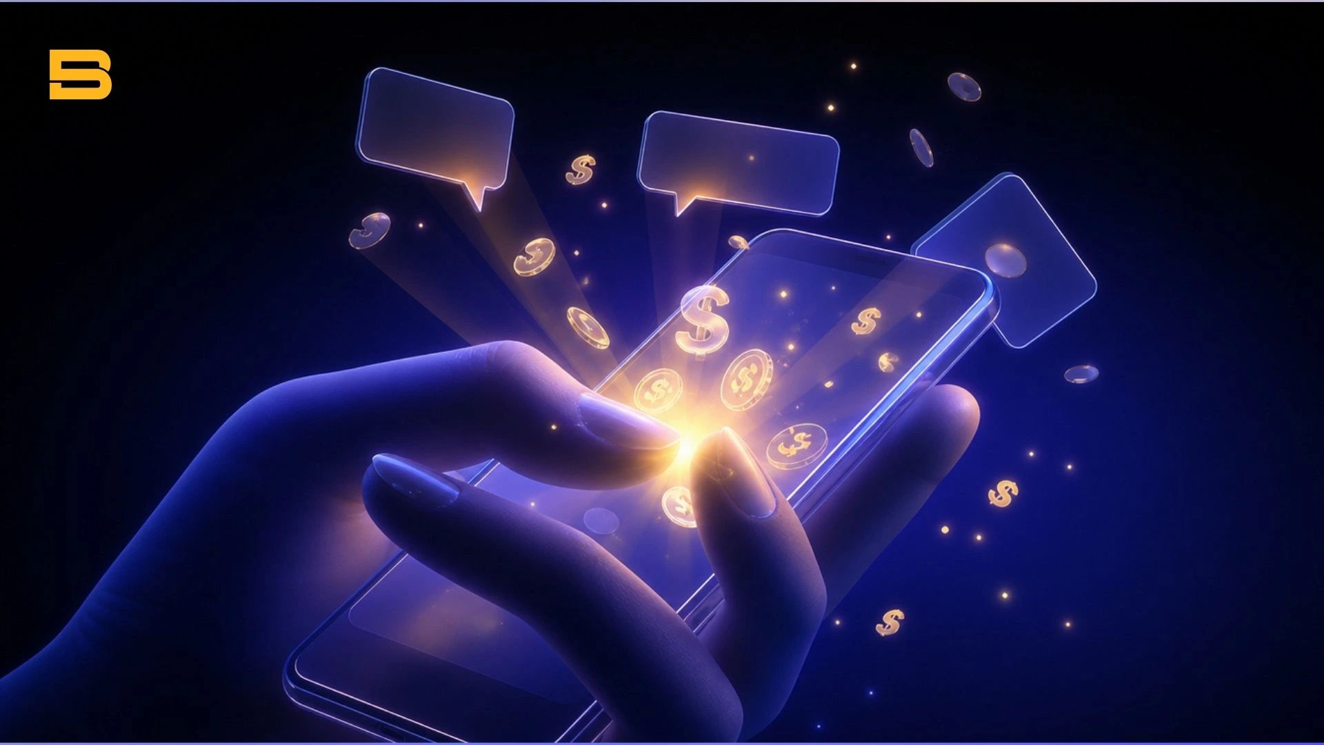 A hand is holding a glowing smartphone with illuminated dollar signs and gold coins, representing money transfer